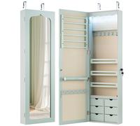 CostwayArmoire à Bijoux Murale LED avec Miroir 6 Tiroirs Hauteur du Crochet Ajustable 120x36,5x11,5CM Vert