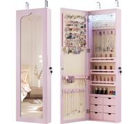 CostwayArmoire à Bijoux Murale LED avec Miroir 6 Tiroirs Hauteur du Crochet Ajustable 120x36,5x11,5CM Rose