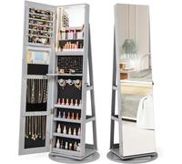 CostwayArmoire à Bijoux Pivotante à 360°avec Lumières LED 3 Couleurs Miroir Pleine Longueur et Étagère 3 Niveaux en Arrière Gris
