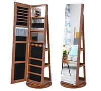 CostwayArmoire à Bijoux Pivotante à 360°avec Lumières LED 3 Couleurs Miroir Pleine Longueur et Étagère 3 Niveaux en Arrière Marron Foncé