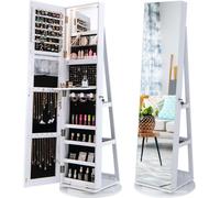 CostwayArmoire à Bijoux Pivotante à 360° avec Lumières LED 3 Couleurs Miroir Pleine Longueur et Étagère 3 Niveaux en Arrière Blanc