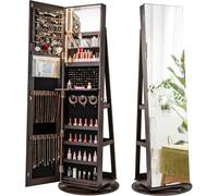 CostwayArmoire à Bijoux Pivotante à 360°avec Lumières LED 3 Couleurs Miroir Pleine Longueur et Étagère 3 Niveaux en Arrière Brun Rustique