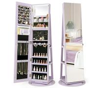 CostwayArmoire à Bijoux Pivotante à 360°avec Lumières LED 3 Couleurs Miroir Pleine Longueur et Étagère 3 Niveaux en Arrière Violet
