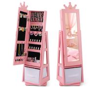 CostwayArmoire a Bijoux pour Enfants Miroir sur Pied avec Grande Capacité de Rangement et Base Pivotante Miroir de Courtoisie pour Enfants Rose