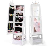 CostwayArmoire à Bijoux pour Enfants Miroir sur Pied avec Grande Capacité de Rangement Miroir de Courtoisie avec Tiroir Motif Couronne Blanc