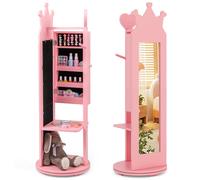 CostwayArmoire à Bijoux pour Enfants Miroir sur Pied Base Pivotante Support à Vêtements Crochets Etagères et Tiroir Motif Couronne Rose
