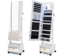 CostwayArmoire à Bijoux sur Pied 4 Roues Verrouillables Miroir Pleine Longueur Lumières LED Tiroir Serrure et Clé Blanc