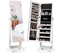 CostwayArmoire à Bijoux sur Pied avec Miroir Inclinable Serrure Doublure et Divers Espaces de Rangement 41x36,5x146cm Blanc