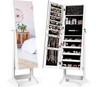 CostwayArmoire à Bijoux sur Pied avec Miroir Inclinable Serrure Doublure et Divers Espaces de Rangement 41x36,5x146cm Blanc