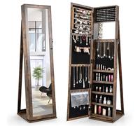 CostwayArmoire à Bijoux sur Pieds Miroir Pleine Longueur et Miroir de Maquillage Intégré 38 x 38 x 157,5 cm Café