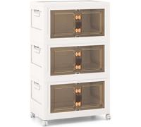 CostwayArmoire de Rangement à 3 Bacs Pliables et Empilables Roues Verrouillables Boîtes de Rangement Empilables pour Salon Chambre Placard Blanc