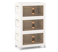 CostwayArmoire de Rangement à 3 Bacs Pliables et Empilables Roues Verrouillables Boîtes de Rangement Empilables pour Salon Chambre Placard Blanc