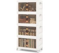 CostwayArmoire de Rangement à 4 Bacs Pliables et Empilables Roues Verrouillables Boîtes de Rangement Empilables pour Salon Chambre Placard Blanc