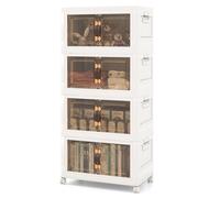 CostwayArmoire de Rangement à 4 Bacs Pliables et Empilables Roues Verrouillables Boîtes de Rangement Empilables pour Salon Chambre Placard Blanc