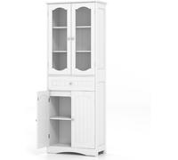 CostwayArmoire de Rangement de 160 cm de Haut 2 Portes en Verre Transparent 2 Etagères Réglables 1 Tiroir Autoportante Blanc
