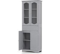 CostwayArmoire de Rangement de 160 cm de Haut 2 Portes en Verre Transparent 2 Etagères Réglables 1 Tiroir Autoportante Gris
