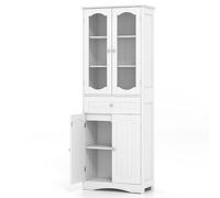 CostwayArmoire de Rangement de 160 cm de Haut 2 Portes en Verre Transparent 2 Etagères Réglables 1 Tiroir Autoportante Blanc