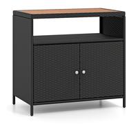 CostwayArmoire de Rangement Exterieur en Rotin Armoire de Jardin avec Plateau en Bois d'Acacia Compartiment Ouvert Buffet à 2 Portes Noir