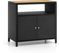 CostwayArmoire de Rangement Exterieur en Rotin Armoire de Jardin avec Plateau en Bois d'Acacia Compartiment Ouvert Buffet à 2 Portes Noir
