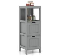 CostwayArmoire de Rangement Moderne en Bois Autoportante avec 2 Tiroirs Amovibles Étagère Ouverte Étroite Kit Anti-basculement pour Salon Gris