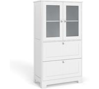 CostwayArmoire de Rangement pour Salle de Bain Placard Autoportant avec 2 Tiroirs & 2 Portes en Verre Givré Étagère Réglable 60 x 30 x 108 CM Blanc