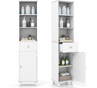CostwayArmoire de Salle de Bain Haute 172 cm Armoire Étroite sur Pied avec 3 Étagères Ouvertes 1 Tiroir 1 Porte Meuble de Rangement Blanc