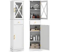 CostwayArmoire de Salle de Bain Haute Meuble de Rangement Étroit avec Tiroir 2 Portes et 3 Étagères Réglables Tour à Linge Mince et Autonome Blanc