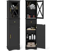 CostwayArmoire de Salle de Bain Haute Meuble de Rangement Étroit avec Tiroir 2 Portes et 3 Étagères Réglables Tour à Linge Mince et Autonome Noir