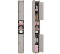 CostwayArmoire de Salle de Bain Haute Organiseur Étroit avec 2 Portes et Étagères Réglables Porte-papier Toilette et Crochet Latéral Gris