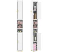 CostwayArmoire de Salle de Bain Haute Organiseur Étroit avec 2 Portes et Étagères Réglables Porte-papier Toilette et Crochet Latéral Blanc