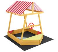 CostwayBac a Sable Enfant Bateau Bac à Sable en Bois Sapin sans Fond avec Volant Toit 4 Sièges d'Angle pour 18+ Mois 103x135x140cm Multicolore