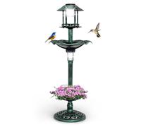 CostwayBain d'Oiseaux Énergie Solaire Décoration d'Extérieur sur Pied Rétro Éclairé avec 2 Lampes Jardinière de Fleurs Mangeoire Abreuvoir