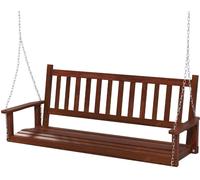CostwayBalançoire de Porche en Bois pour 3 Personnes Banc Suspendu Robuste Capacité 360 Kg Chaînes Réglables de 170 Cm Dossier à Lattes Marron