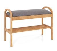 CostwayBanc à Chaussures en Bambou avec Rangement Étagère à Chaussures à 2 Niveaux avec Coussin Rembourré et Étagère Meuble Compact Gris
