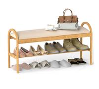 CostwayBanc à Chaussures en Bambou Banc de Rangement pour Entrée avec Couvercle Rembourré à Rabat Rangement Caché Étagère à Chaussures Beige