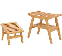 CostwayBanc de Douche en Bambou avec Repose-pied en Bois à 2 Niveaux avec Étagère de Rangement Organisateur de Chaise de Douche Naturel