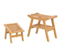 CostwayBanc de Douche en Bambou avec Repose-pied en Bois à 2 Niveaux avec Étagère de Rangement Organisateur de Chaise de Douche Naturel