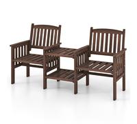 CostwayBanc Extérieur en Bois de Sapin avec Table Latérale à 2 Niveaux et Trou pour Parasol de 5 Cm Banc de Jardin 2 Places avec Accoudoirs Café