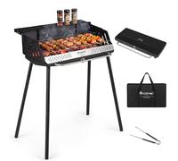 CostwayBarbecue au Charbon de Bois Barbecue Pliable Réglable en Hauteur Grille de Cuisson Réglable à 2 Niveaux Surface en Acier Inoxydable Noir