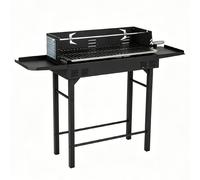 CostwayBarbecue au Charbon de Bois Grill de Camping avec Grille Réglable à 3 Niveaux Broche Tournante Étagères Latérales Pare-Vent 120x33x90cm Noir