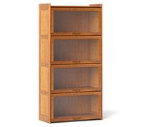 CostwayBibliothèque à 4 Niveaux avec Portes Étagère en Bambou de 140 cm avec Portes en Acrylique Transparent Meuble de Rangement Autonome Marron