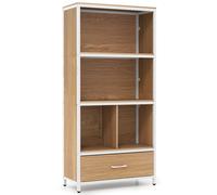 CostwayBibliothèque à 5 Niveaux avec 4 Compartiments de Rangement Tiroir en Tissu Pliable Meuble de Rangement 68 x 30,5 x 152,5 cm Naturel