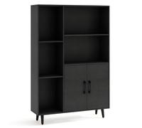 CostwayBibliothèque avec Portes Doubles et 5 Compartiments Ouverts et Armoire de Rangement Vitrine Moderne avec Pieds En Métal Rangement Noir