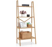 CostwayBibliothèque en Bambou à 4 Niveaux avec Dispositif Anti-basculement Étagère Échelle avec Patins Antidérapants Naturel