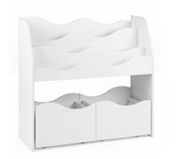 CostwayBibliothèque Enfant Montessori Meuble de Rangement Jouets Livres en Bois avec 3 Étagères 2 Tiroirs Mobiles à Roulettes 82x30x76cm Blanc