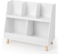 CostwayBibliothèque et Organisateur de Jouets 5 Compartiments Meuble à 2 Niveaux Pieds en Bois Massif Kits Anti-basculement Blanc