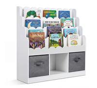 CostwayBibliotheque Montessori Enfant à 4 Niveaux Rangement de Jouets avec 3 Compartiments Ouverts 2 Tiroirs en Tissu Pliables 90 x 30 x 91,5 CM