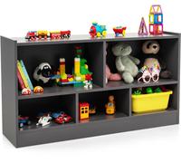 CostwayBibliothèque pour Enfants 111x30x61,5 CM avec 5 Compartiments et Patins Antidérapants pour Jouets Livres Poupées Gris