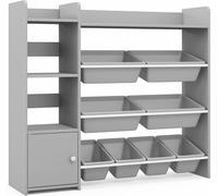 CostwayBibliothèque pour Enfants 8 Bacs de Rangement pour Jouets 2 Étagères Ouvertes Armoire avec Porte Organisateur de Rangement Gris