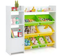 CostwayBibliothèque pour Enfants 8 Bacs de Rangement pour Jouets 2 Étagères Ouvertes Armoire avec Porte Organisateur de Rangement Blanc